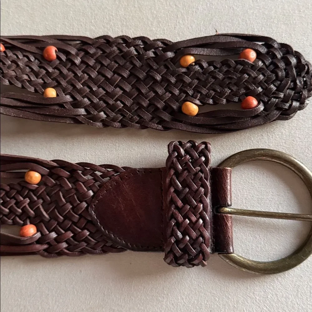Vintage Ann Taylor LOFT Woven Leather Belt Brown Size L Boho Brass Buckle